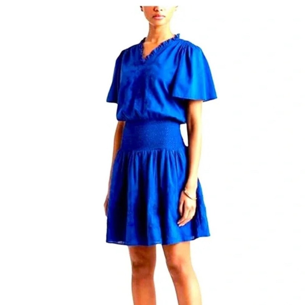 Lauren RL Cobalt Blue Embroidered Smocked Waist Flutter Sleeve V-Neck Mini Dress